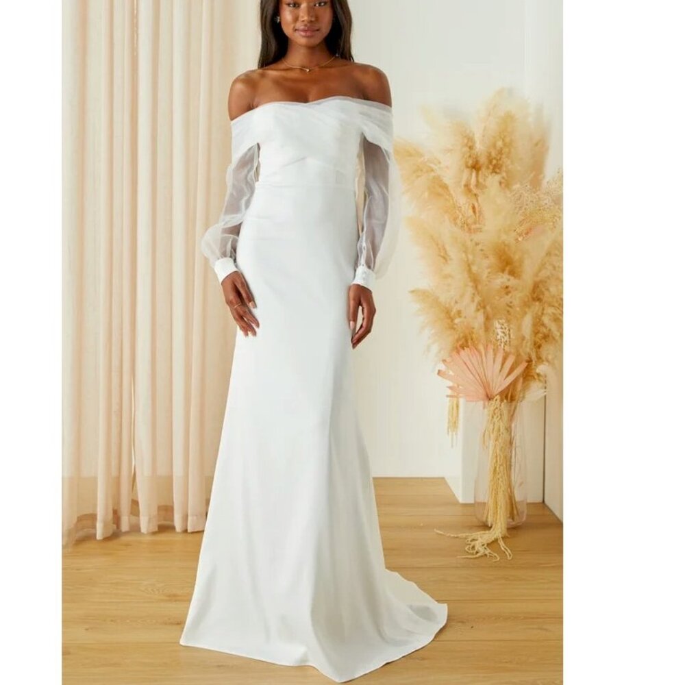 Blissfully Loved White Satin Organza Off-the-Shoulder Maxi Dress Medium NWOT